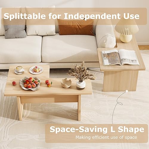 Miniatura 5 de Giantex Juego de 2 mesas de centro en forma de L, mesa central modular anidable con acabado de grano, mesas modernas de sala de estar de mediados de