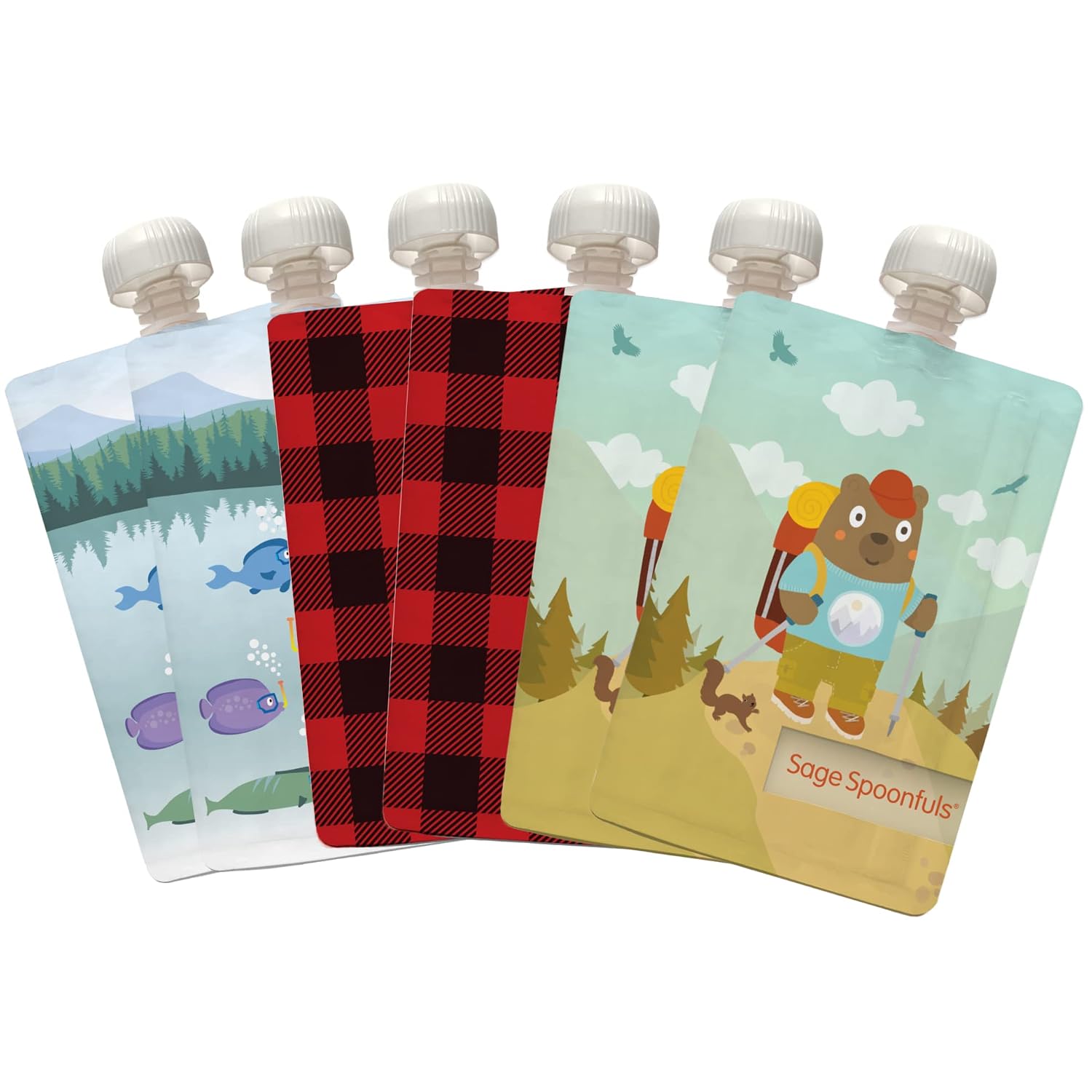 Sage Spoonfuls Reusable Baby Food Pouches - 6 Pack, Baby Food Storage, Pouches Toddler, Refillable Squeeze Pouch for Kids (Camping), Dishwasher and Freezer Safe, BPA Free