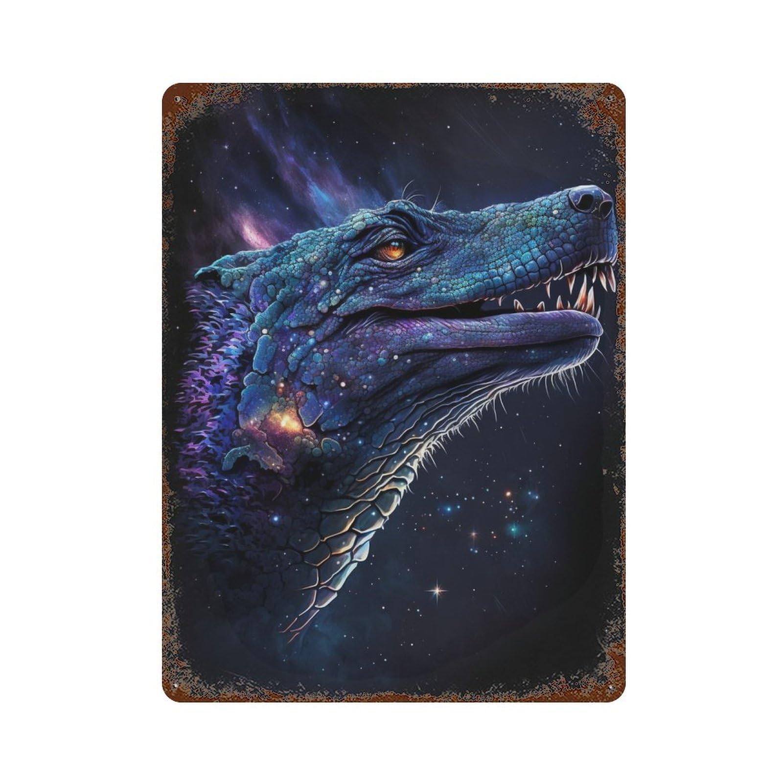 Rust Effect Tin Sign Galactic Crocodile Head 15.7"x11.8", Vintage Wall Decor for Living Room, Hallway And Home Decor