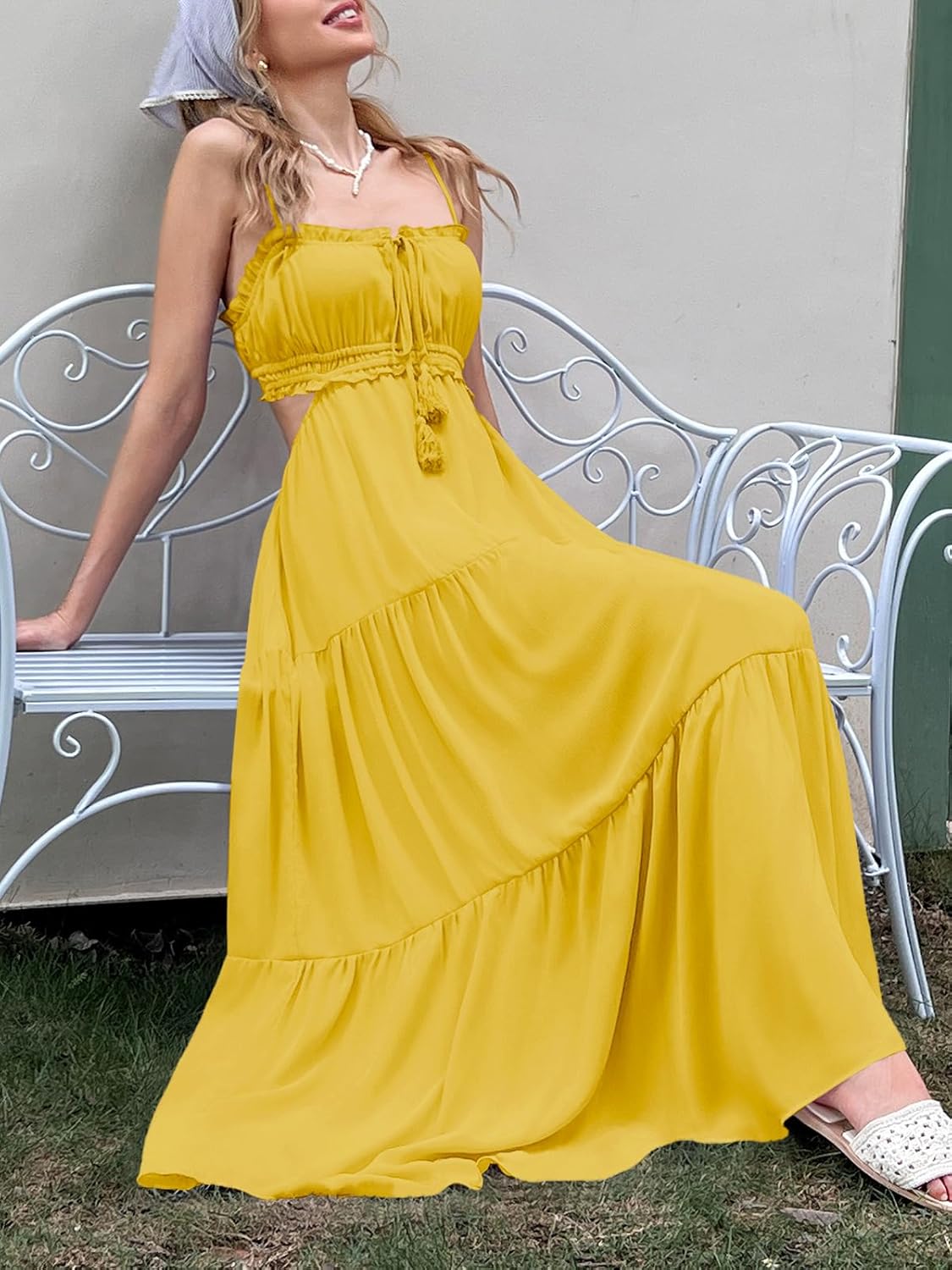 Fisoew Women's Spaghetti Strap Maxi Dress Summer Sleeveless Side Cut Out Dress Casual Boho Backless Flowy Long Dresses - Image 5