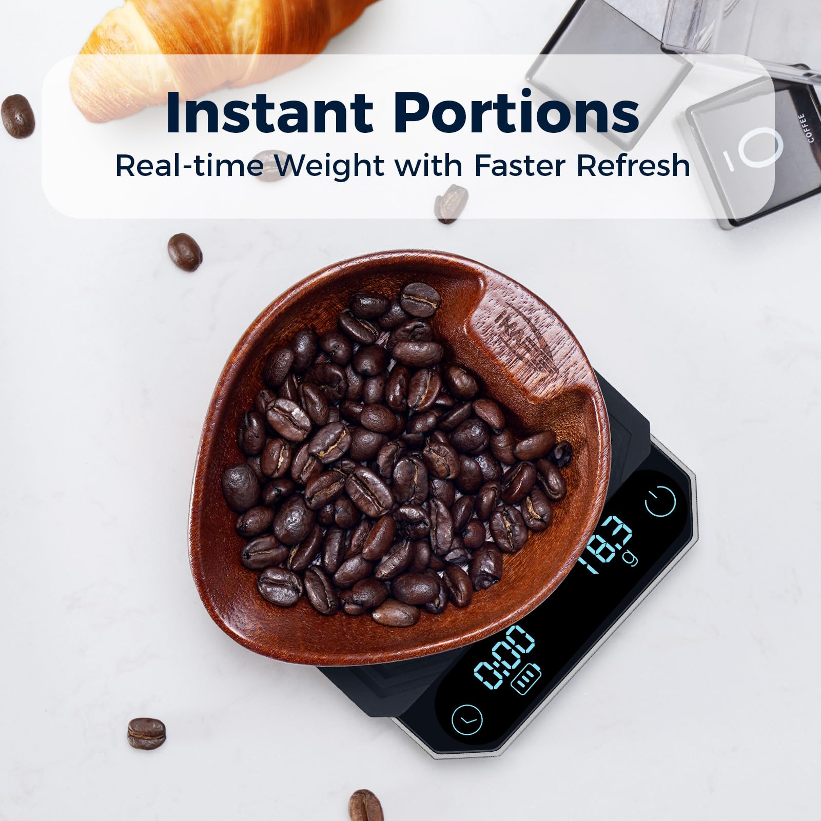 IKAPE Balance à café numérique avec minuterie, 0,1 g de haute précision, capacité de 2 kg, balance à café étanche rechargeable en alliage d'aluminium avec tare automatique et tampon en silicone