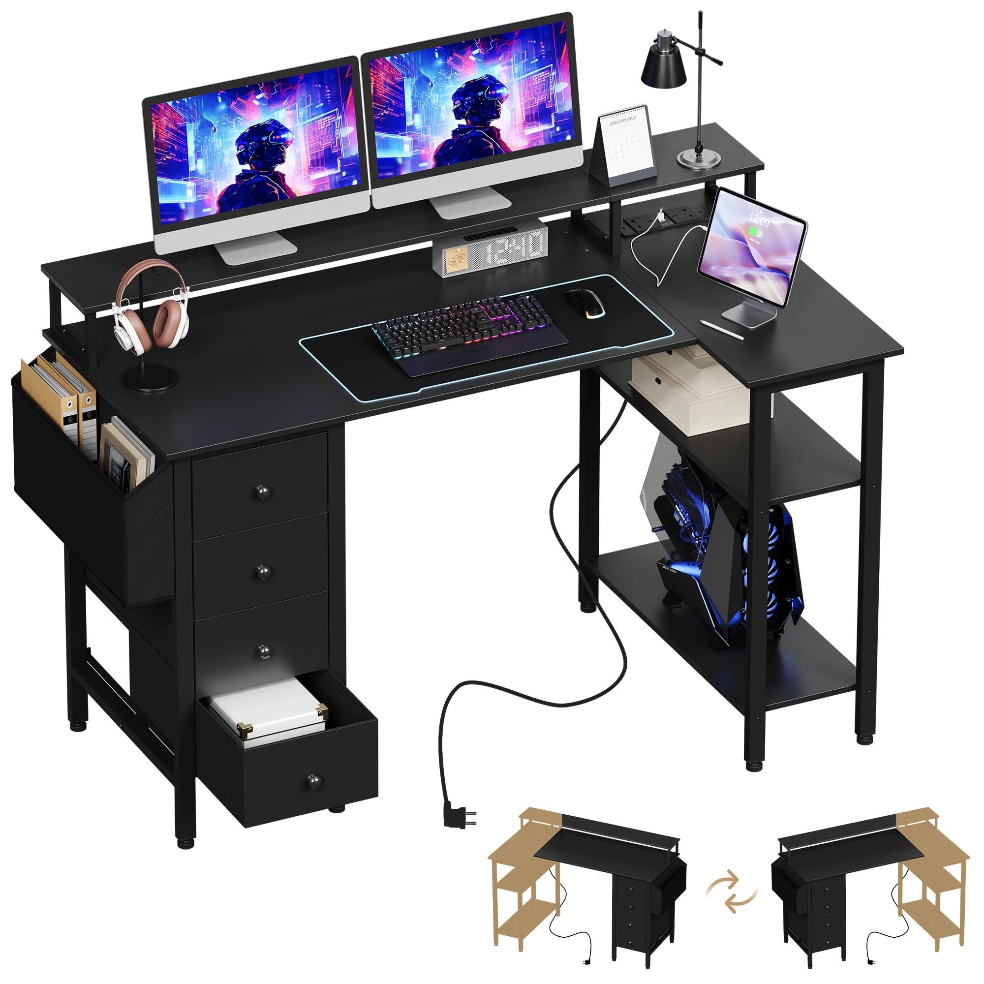 Yaheetech Corner Gaming Desk with Drawers, 120x70cm L Shaped Computer Desk with Power Outlets, Office Desk with Raised Monitor Stand, Reversible Storage Shelves for Home Office, Black
