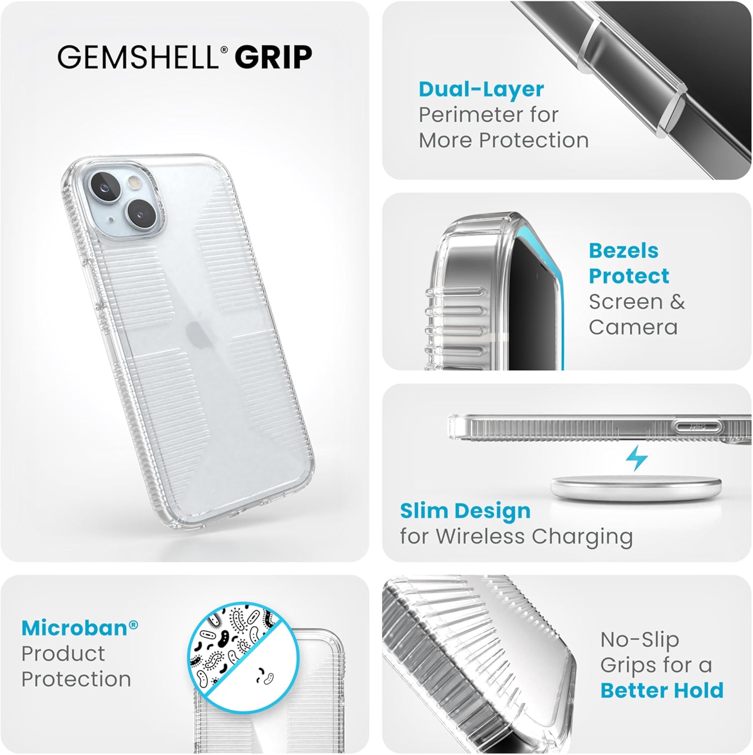 Speck Clear iPhone 15 Plus Case - Slim, Drop Protection, Grip - for iPhone 15 Plus & iPhone 14 Plus - Scratch Resistant, Anti-Yellowing, 6.7 Inch Phone Case - GemShell Grip, Clear