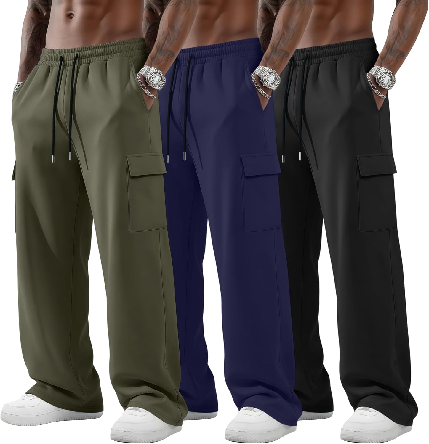 Neer 3 Pack Men's Big and Tall Cargo Sweatpants Baggy Wide Straight Leg Lightweight Open Bottom Drawstring Pants Pockets