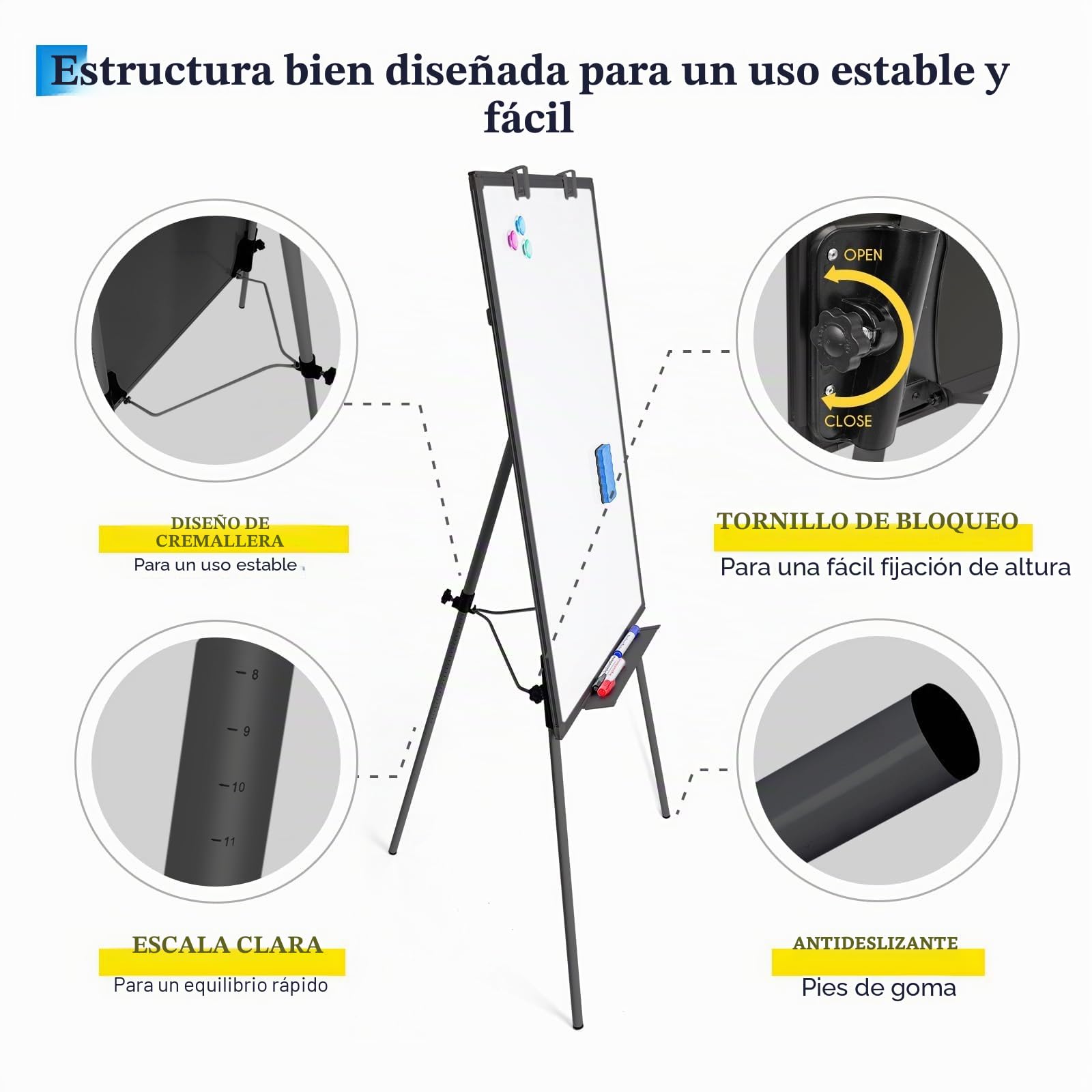 maxtek Pizarra Blanca con Caballete 90x60 cm, Borrado en Seco, Pizarra Magnética con Trípode, Portátil, Altura Ajustable, la Enseñanza en Casa y el Aula, Color Negro
