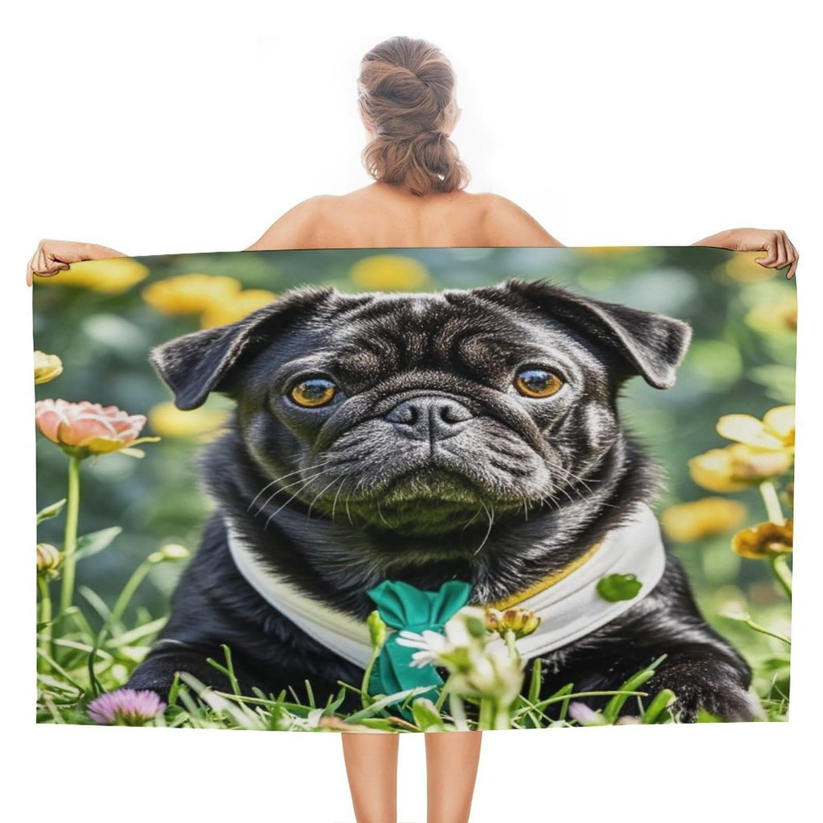 VstaDank Cute Black Pug Dog Bath Towel Stylish Double-Faced Pile Travel Towel Soft Absorbent Beach Towel for Pool Swim Sports Camping Adults Gift 51X31 Inch