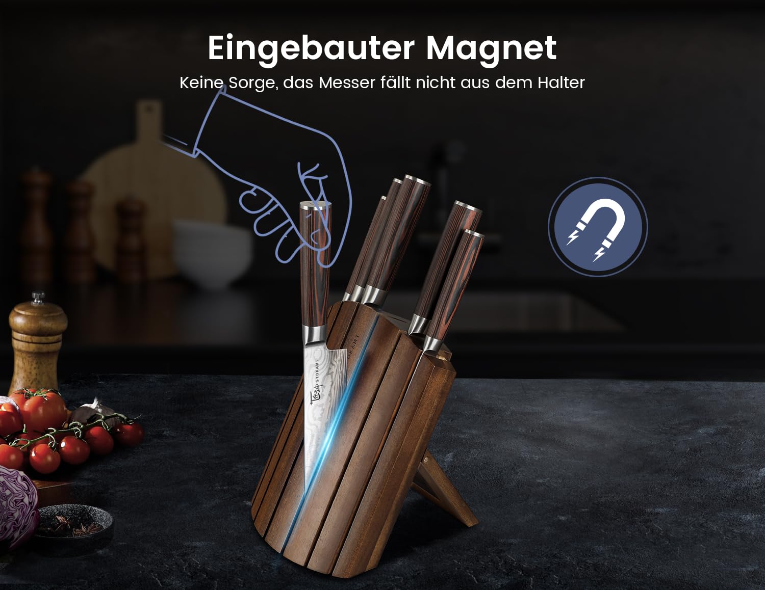SYOKAMI Messerset 7-teiliges Küchenmesser-Set im japanischen Stil mit faltbarem magnetischem Akazienholzblock, scharfer Karbonstahl für die Küche mit rutschfestem ergonomischem Griff
