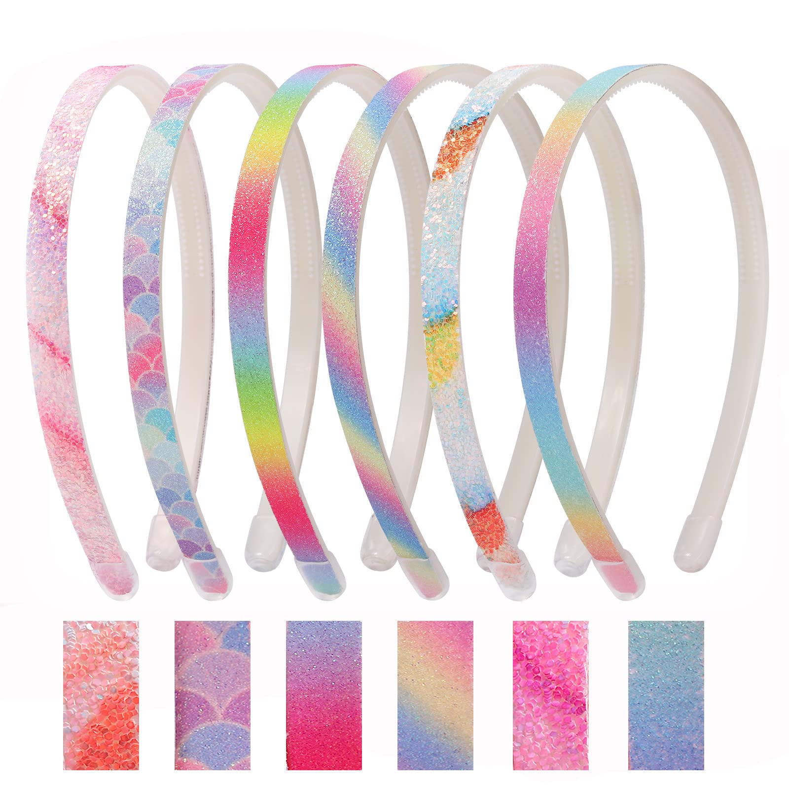 Candygirl Glitter Headbands for Girls Sparkly Head Band,6Pcs Cute Non-slip Chunky Plastic Hairband with Teeth,Bling Rainbow Sequins Hair Bands for Little Girls Kids Glitter Colorful Hair Accessories