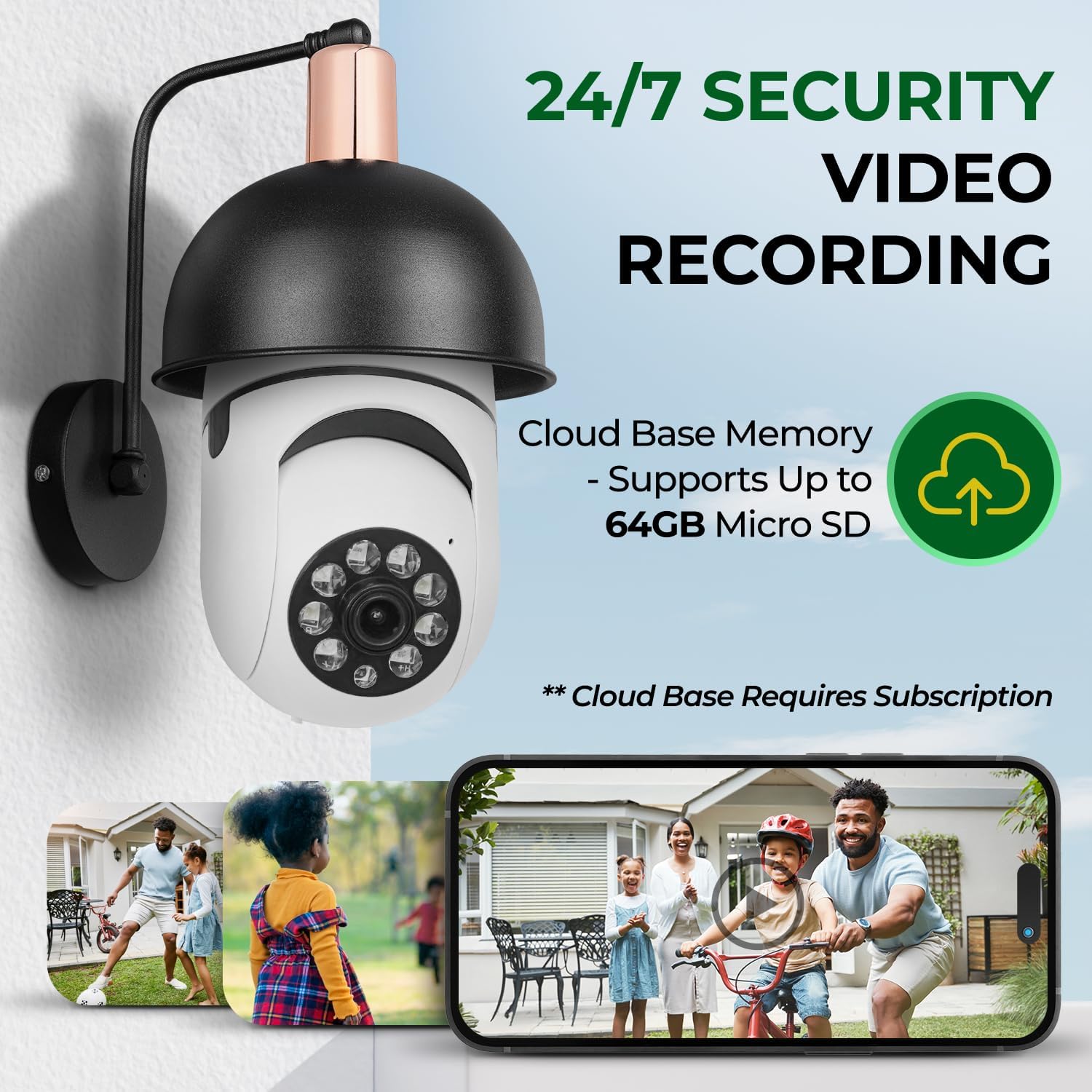 STARSCOPE Sentinel Camera Bulb showing 24/7 security video recording with Micro SD and Cloud Storage options
