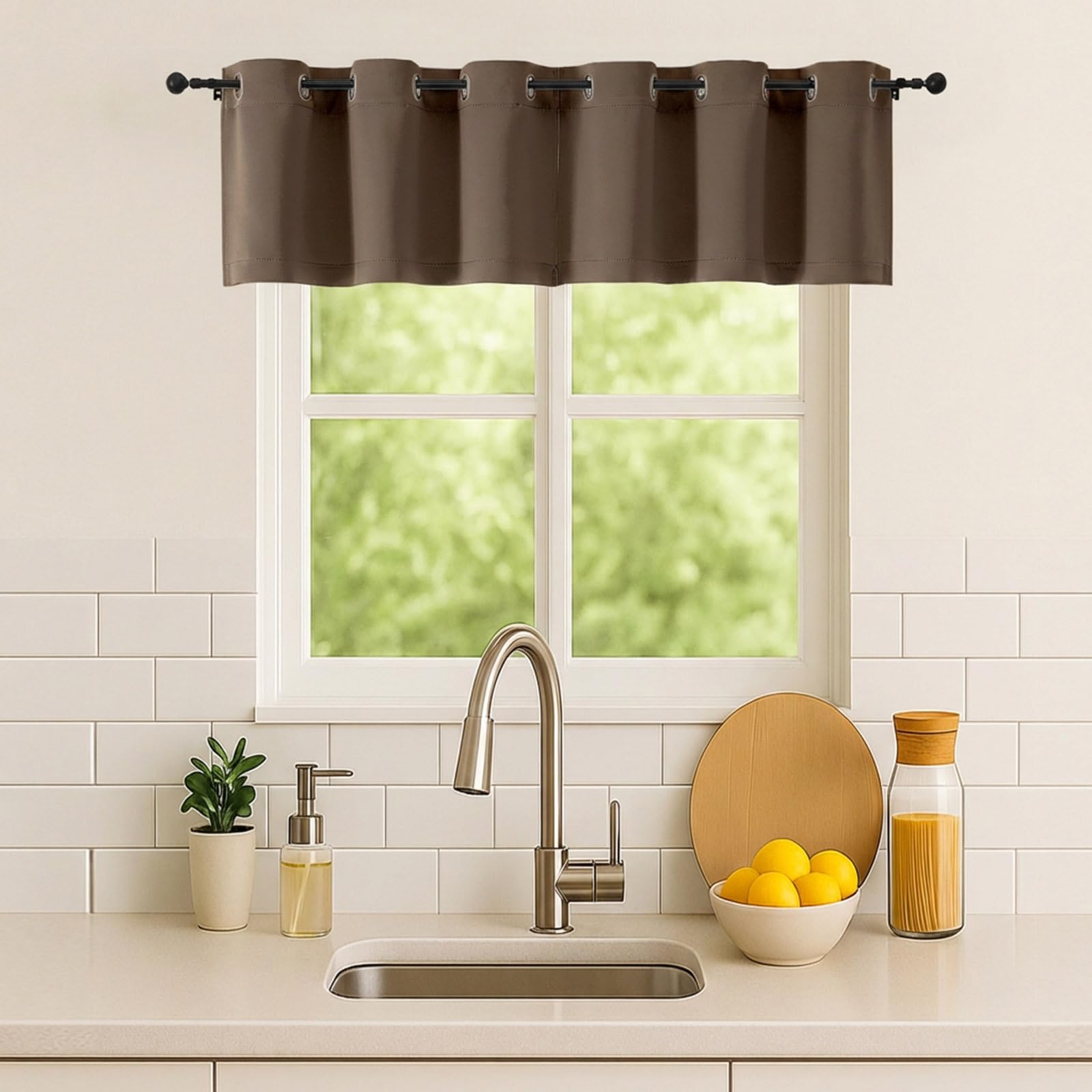 Simplebrand Brown Window Valance for Kitchen 14 Inches Long 2 Panels Set, Room Darkening Valance Curtains for Living Room, Grommet Short Privacy Kitchen Curtains for Bedroom Kids Room, 40Wx14L โ image 1