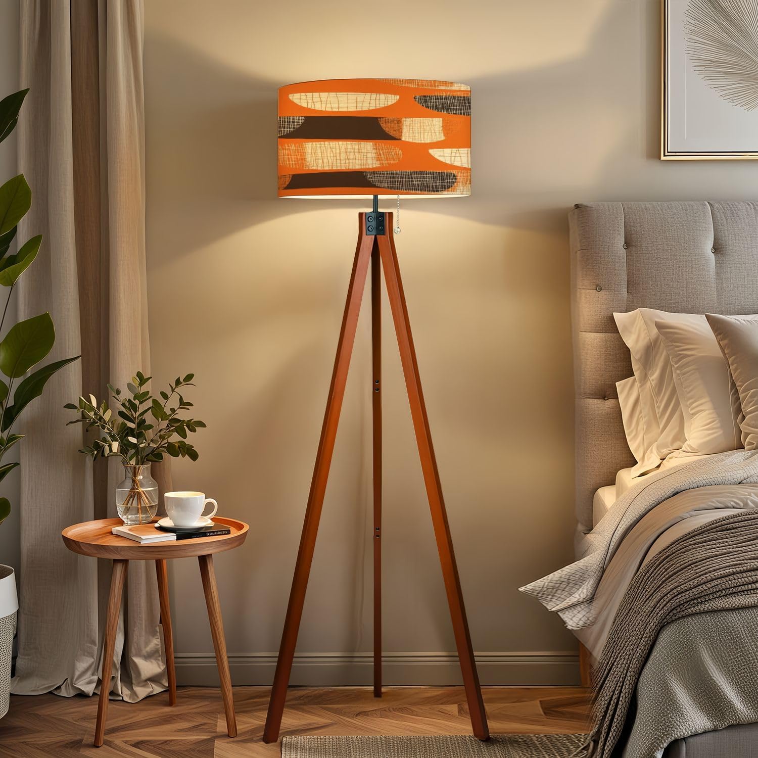 Wood Tripod Floor Lamp Geometric mid century style orange textured rapport age 50s simple Mid Century Standing Lamp Linen Shade Dimmable Modern Tall lamp Home Decor for Living Room Bedroom Office