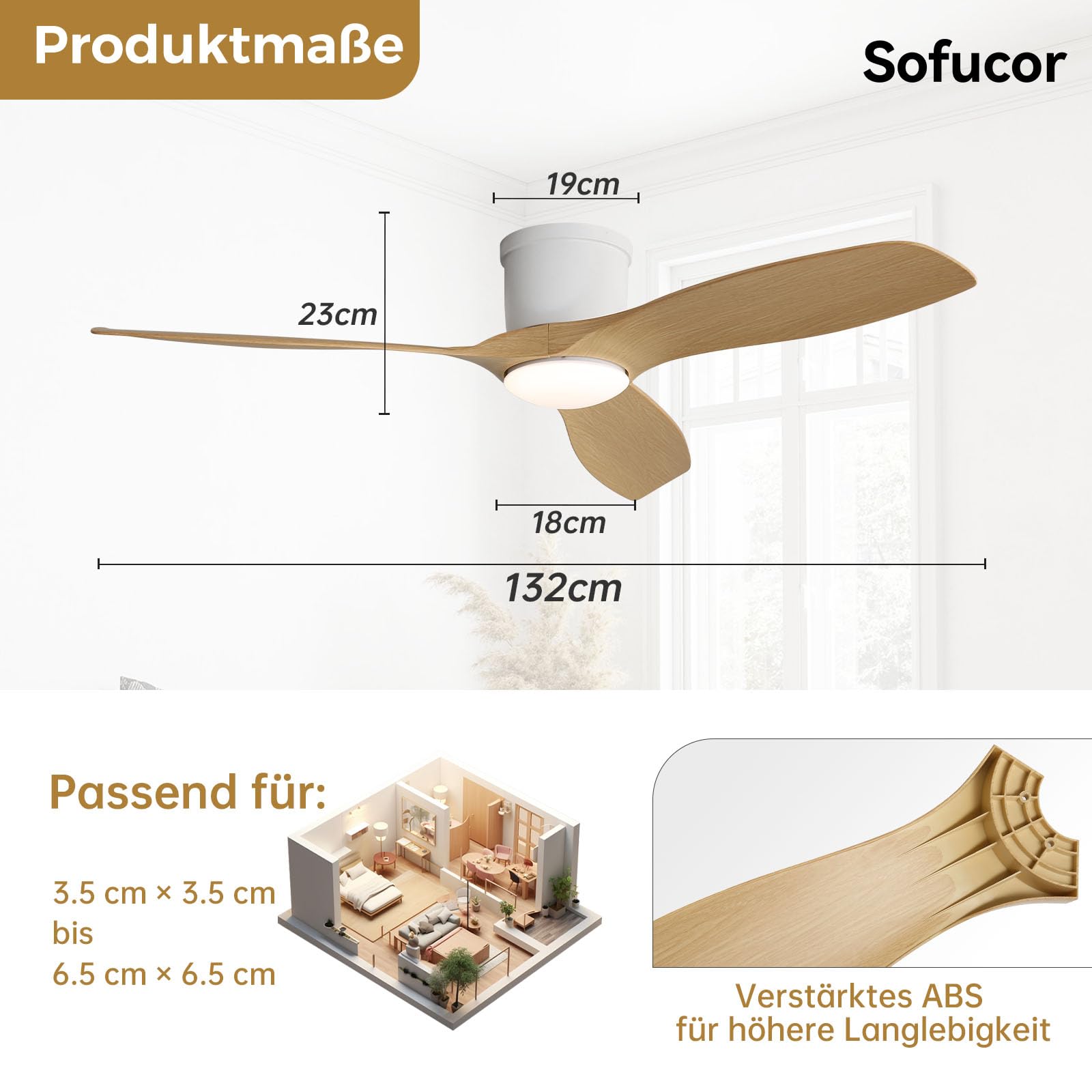 Sofucor Smart Deckenventilator mit Beleuchtung,132cm Leise Deckenventilator mit Licht, Alexa/APP, Fernbedienung, WLAN, 3 Farbtemperatur, DC, Timer, 6 Geschwindigkeiten für Schlafzimme
