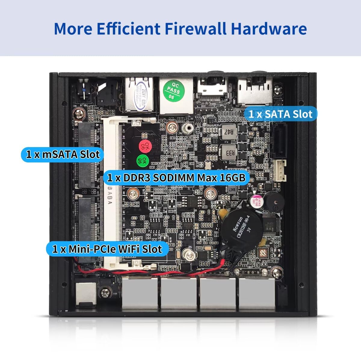 Mini PC Lüfterlos J3710 Micro PC Firewall Hardware Anwendungsrouter, DDR3 8GB RAM 128GB SSD, 4 x 2.5GBE Ethernet-Ports, 2 x USB 3.0, X86-P6 HD DP Unterstützung für OPNsense