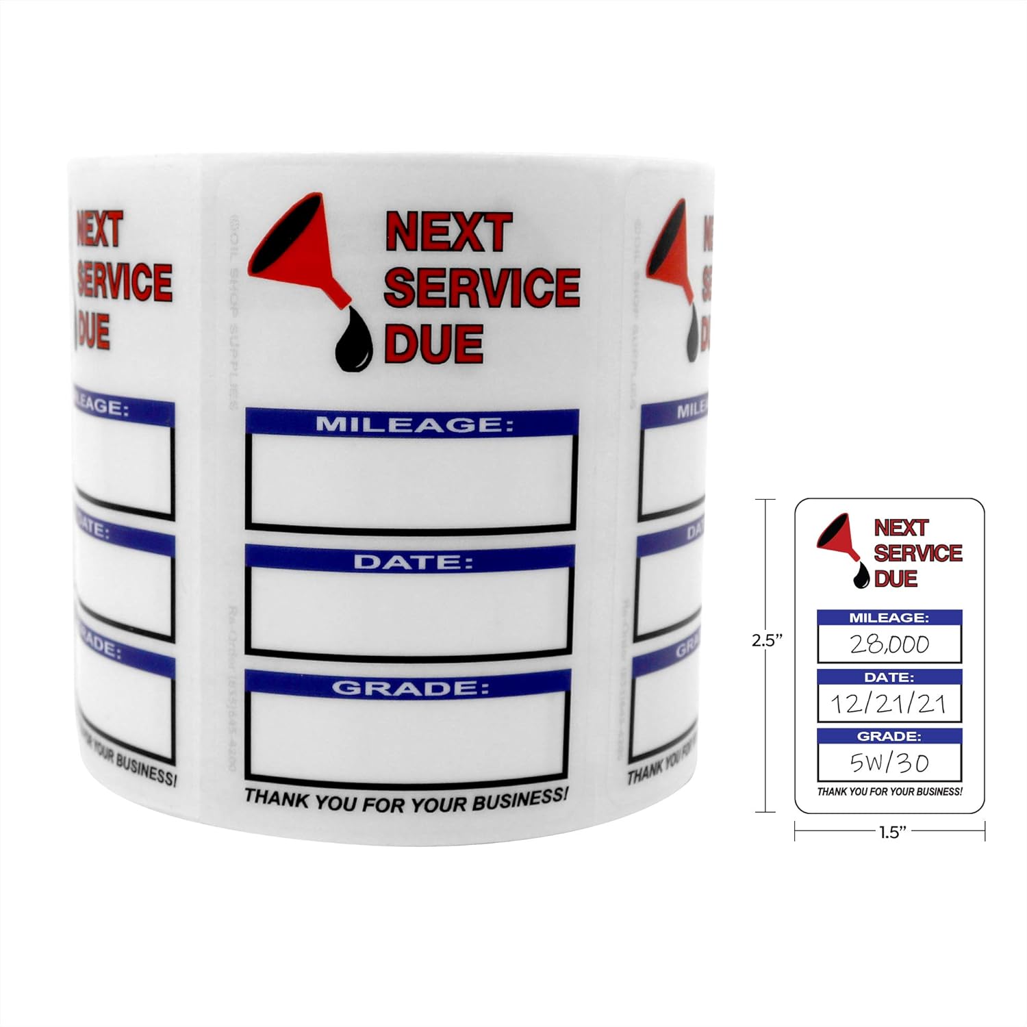 Next Service Due Reminder Stickers, Handwritten, Ultra Removable, with Oil Funnel Image, 500 Count