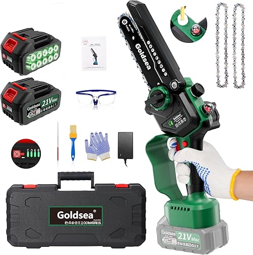 Goldsea - Mini motosierra inalámbrica de 6 pulgadas, pequeñas motosierras eléctricas con 2 baterías de 2000 mAh y sistema de engrasado automático,