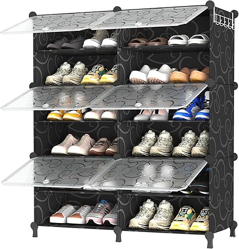 AWTATOS Zapatero de 6 niveles con puerta, 32 pares de estantes organizadores de zapatos para armario, pasillo, dormitorio, entrada, color negro