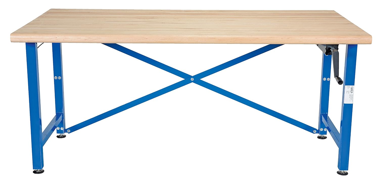 Vestil EWB-7236 Steel/Wood Manual Adjustable Ergonomic Work Bench 72 In. x 36 In. 750 Lb. Capacity Blue/Tan