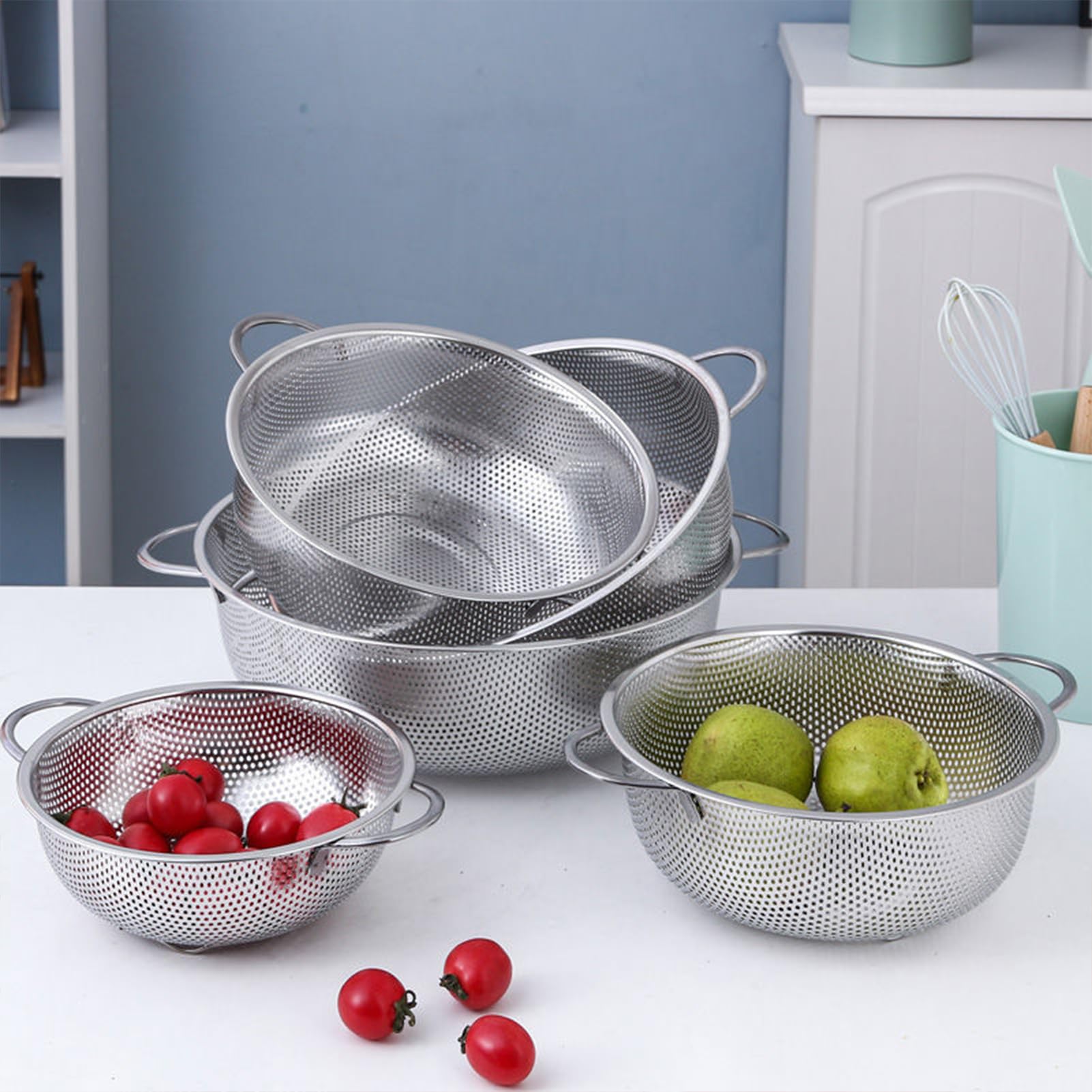 3 coladores de pasta de acero inoxidable, 19,5 + 25,5 + 31,5 cm, acero inoxidable, colador de cocina, colador fino, colador de acero inoxidable, colador fino, colador de acero inoxidable