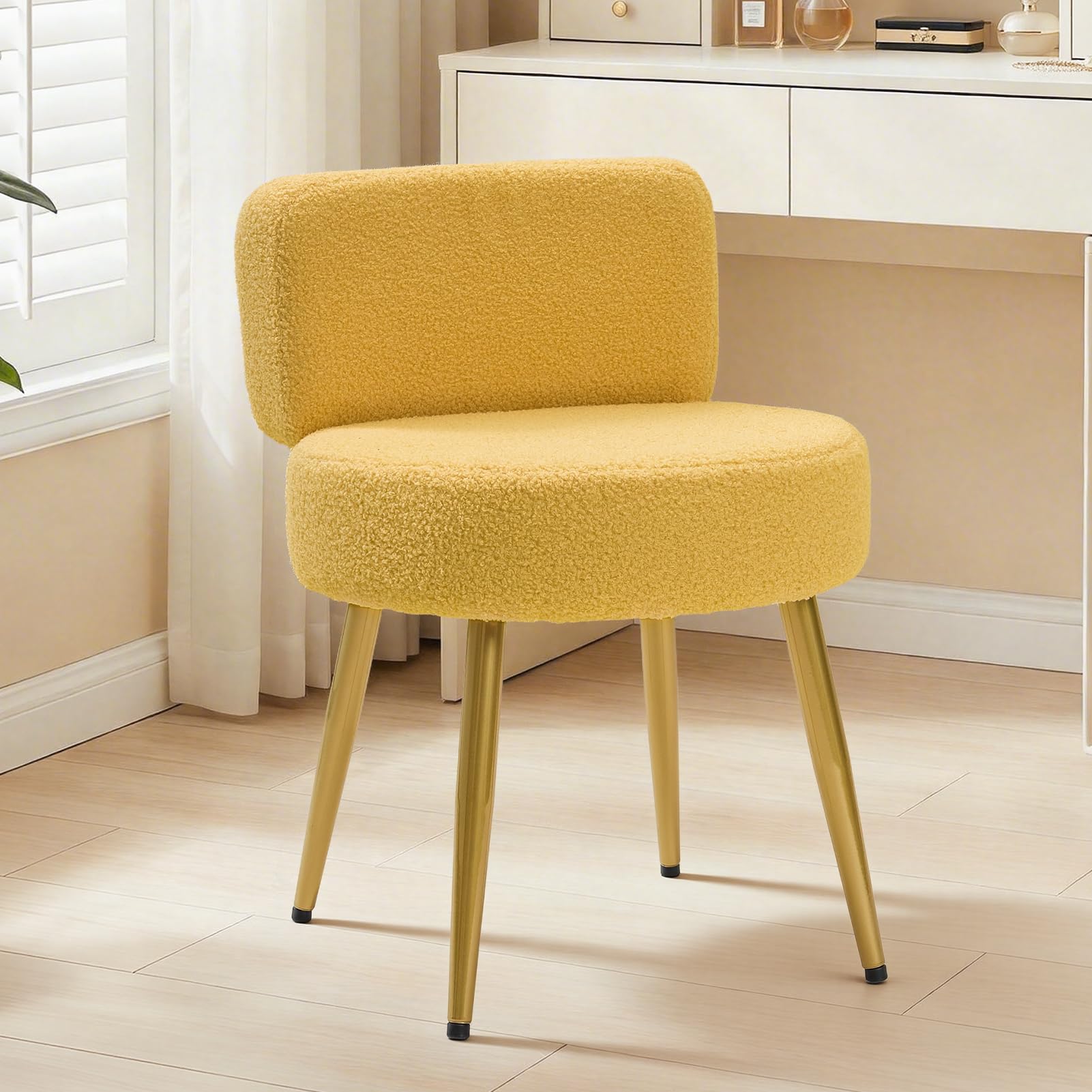 Warmiehomy Cute Vanity Chair with Back - Girls Fluffy Makeup Chair for Vanity - Small Cozy Desk Chair No Wheels for Bedroom Home Office Living Room (Yellow)