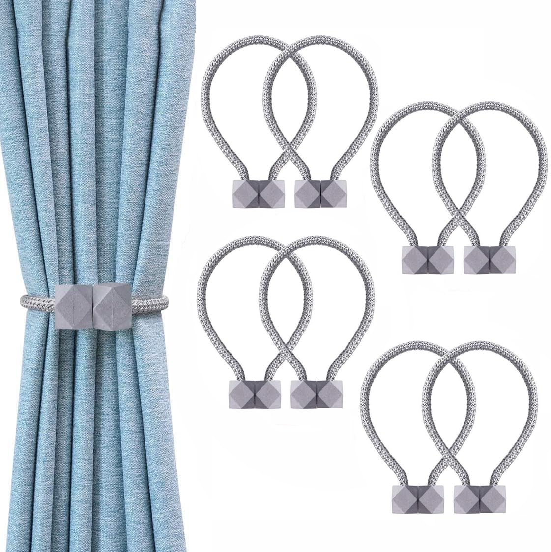 INOVERA (LABEL) 8 Pieces Magnetic Windows Curtain Tiebacks - Decorative Curtains Holders Rope Holdbacks -Drapery Binding Tie Backs for Home, Office (Grey)