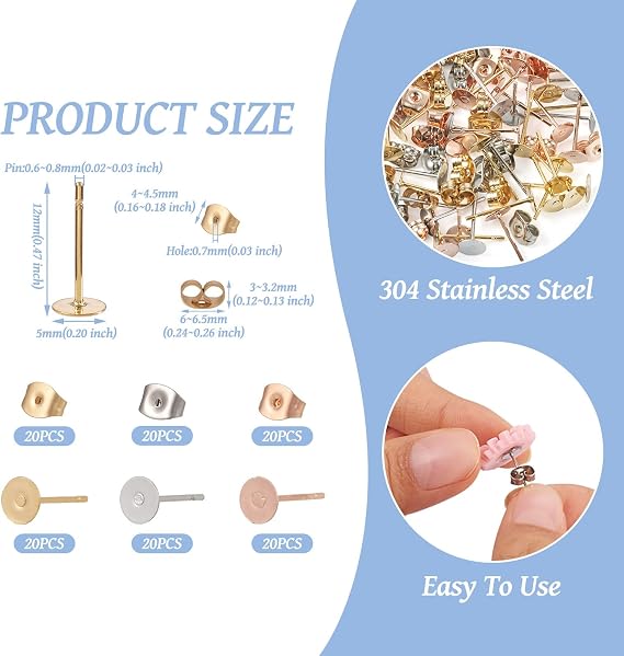 Craftdady 60Pcs 5mm Stainless Steel Earring Post and Backs Gold Silver Flat Pad Earring Blanks Studs Making Kit with Butterfly Backs for Women Crafts DIY Jewelry Making Supplies