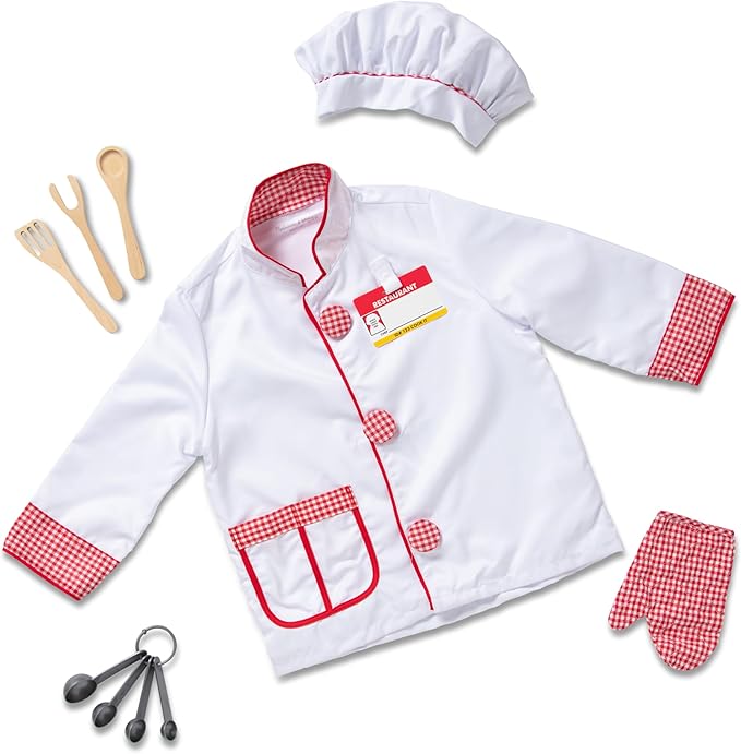 Melissa & Doug Chef Role Play Costume Dress-Up Set (8-Piece) - Chef's Jacket, Hat, Name Tag - Pretend Chef Dress up Outift with Realistic Accessories, Kids Dress Up for Toddlers & Children Ages 3+