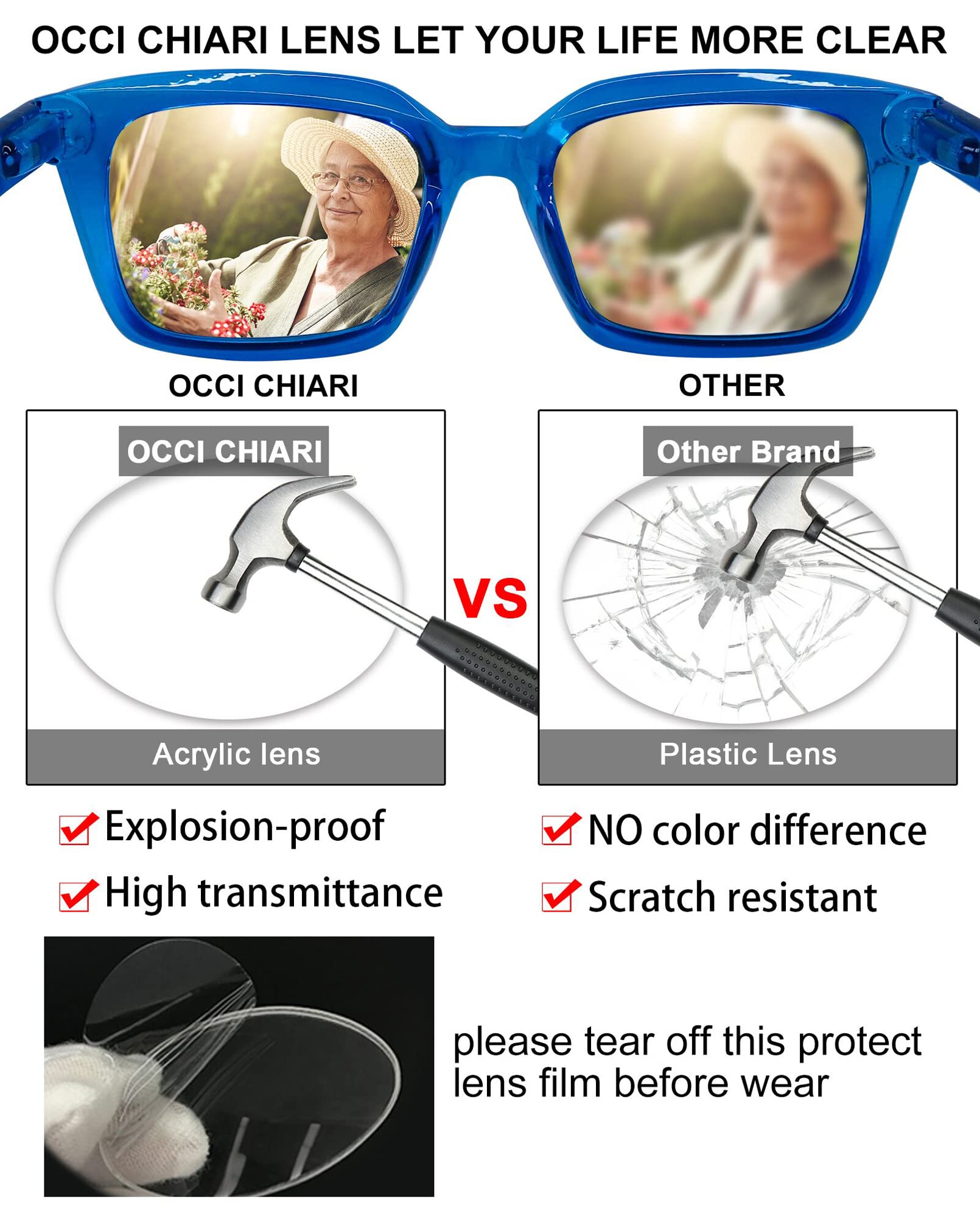 OCCI CHIARI Reading Glasses for Women 1.75, Ladies Trendy Square Glasses, Romantic Blue Large Reader Spring Hinge,175+ - Image 3