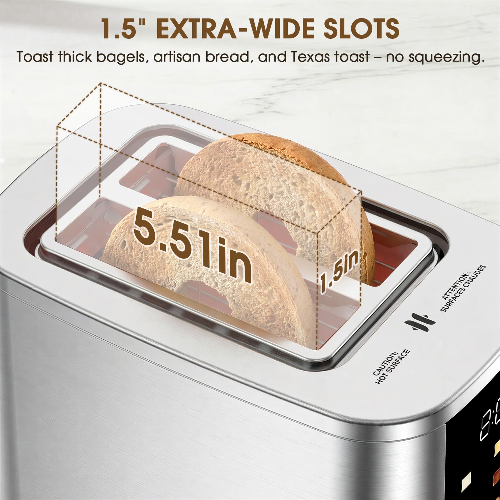 Foyoconven 2 Slice Toaster with Touch Screen, 1.5" Extra Wide Slots for Bagels & Thick Bread, Stainless Steel, Digital Countdown Timer, 6 Shade Settings, Defrost/Reheat/Cancel, Removable Crumb Tray