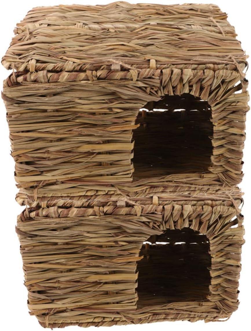VANZACK 2pcs Foldable Grass Hideaway for Small Animals Handwoven Guinea Pig and Bed Natural Safe Material Comfortable for Chinchilla Ferret and More