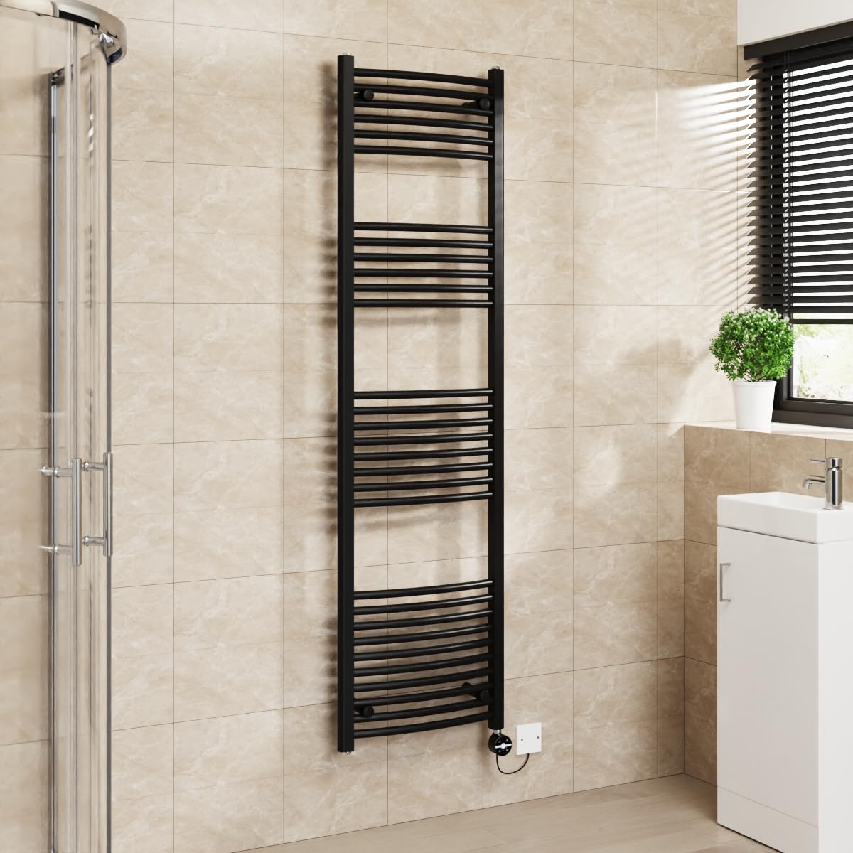 Warmehaus Touch Screen Electric Towel Rail Curved Timer Black 1800x500mm — image 1