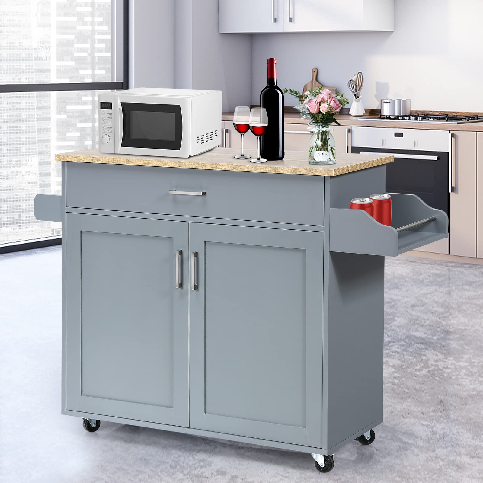 GYMAX Carrello Portata da Cucina, Armadietto a 2 Livelli, Ripiano Interno Regolabile, Credenze Mobili con Ruote, Ante Doppio, Cassetto, Portaposate, Portasciugamani, 116x40x85 cm, 5 Colori