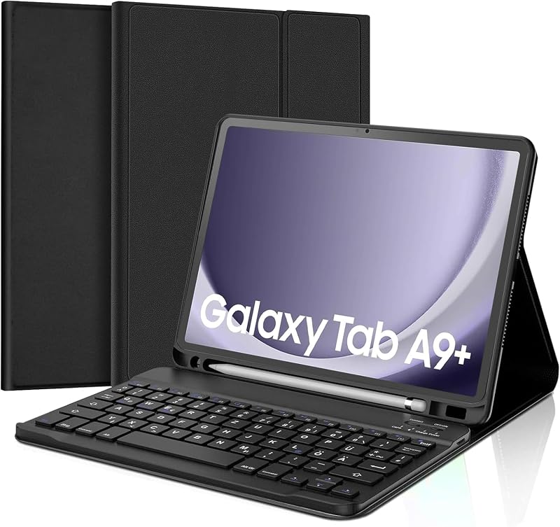 JADEMALL Bluetooth Billentyűzet Samsung Galaxy Tab A9 Plus Tablethez - Levehető Mágneses Tok 11" Készülékhez, QWERTZ Kiosztás, Ceruzatartóva