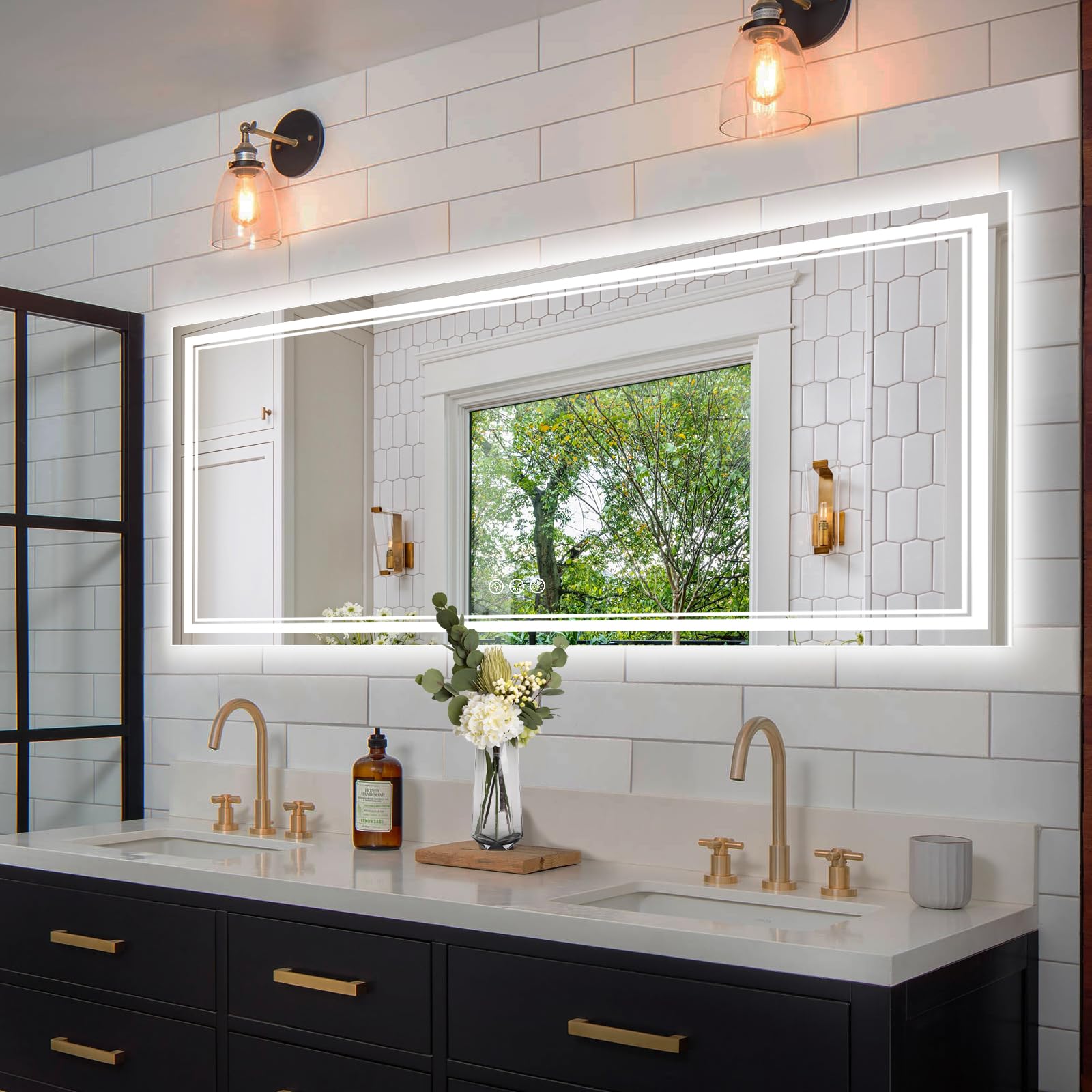 Ratsamee 72x32 LED Bathroom Mirror with Lights, Backlit+Front Lit, Anti-Fog
