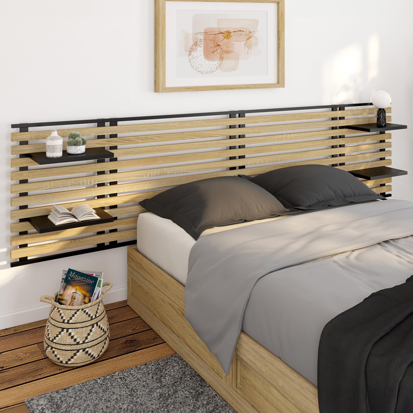 IDMarket - Tête de lit Suspendue en Lattes Detroit 240 cm Bois et métal Noir avec étagères Design Industriel
