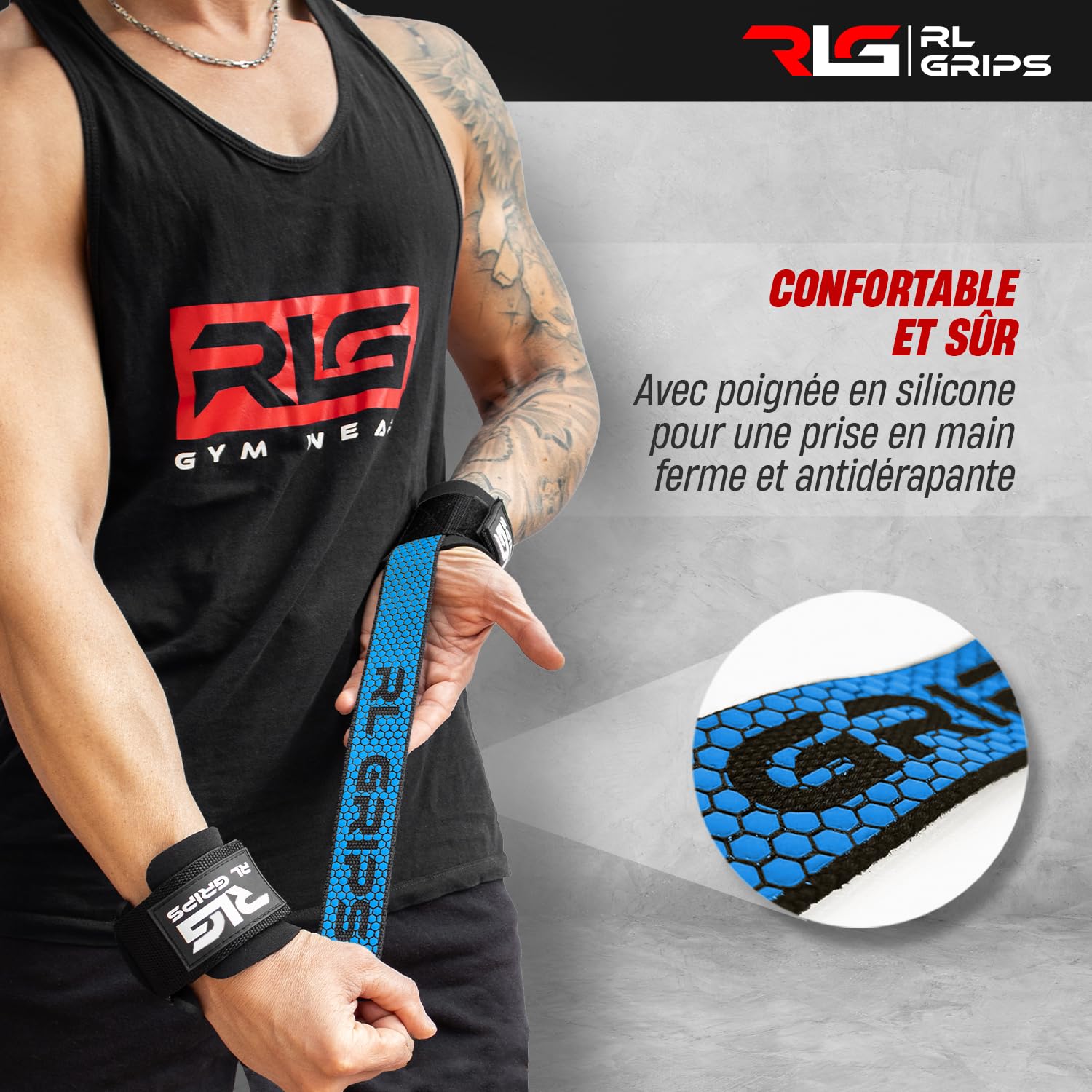 RL Grips Straps Gym Avec Poignets – Sangles Haltérophilie/Powerlifting, Antidérapant Silicone, Taille Unique, 5 Couleurs