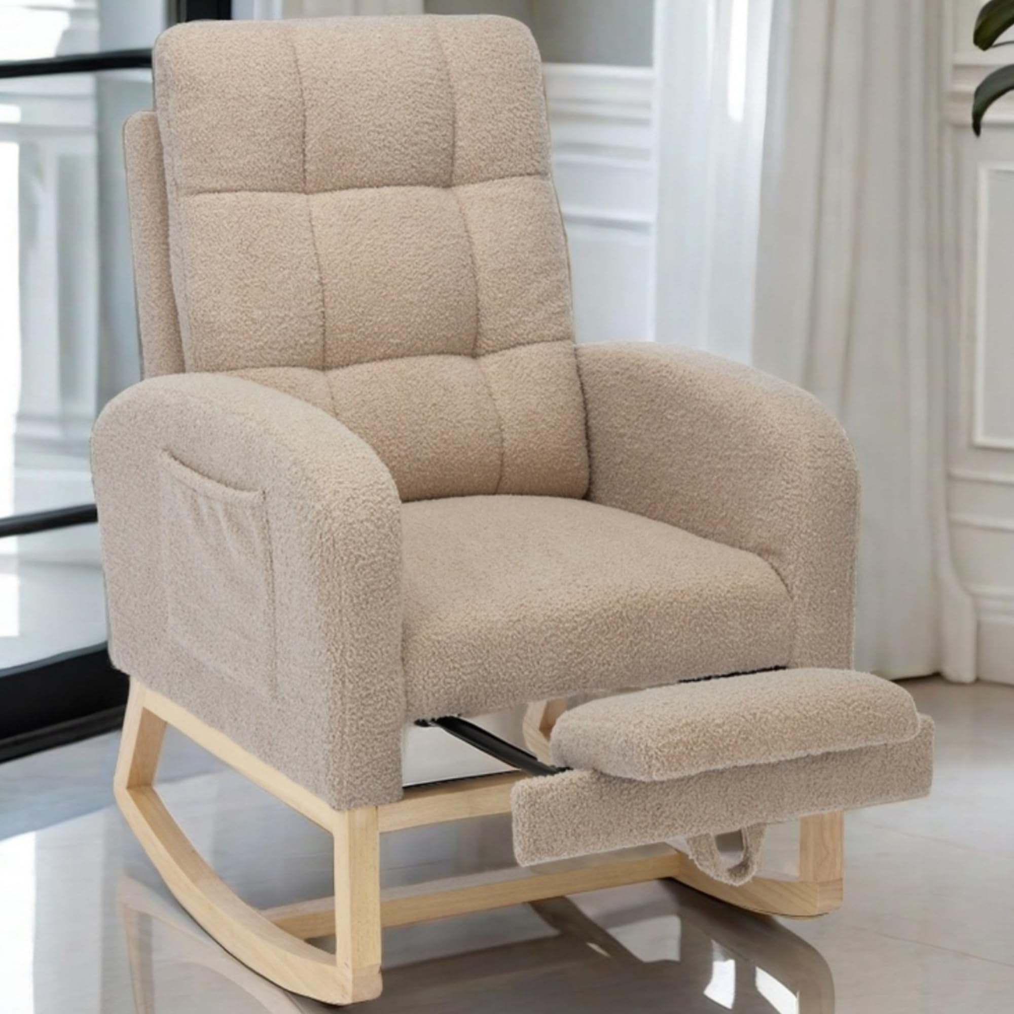 Rosevera Nursery Rocking Chair with Adjustable Footrest for Living Room - Teddy Fabric, Solid Wooden Legs, Comfortable Lounge Armchair with High