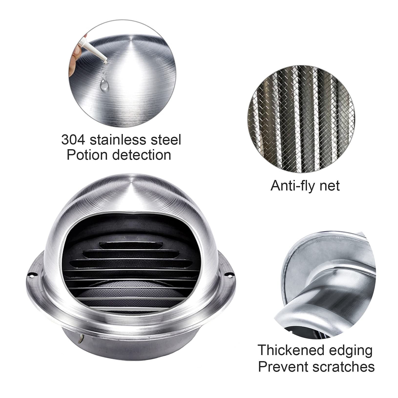 Salida de ventilación Redonda de Acero Inoxidable para Campana extractora de Pared (7.5", 9.4" y 11.4") con Rejilla mosquitera y Rejilla de ventilación de Malla(Silver 4.9 Inch(125 mm)