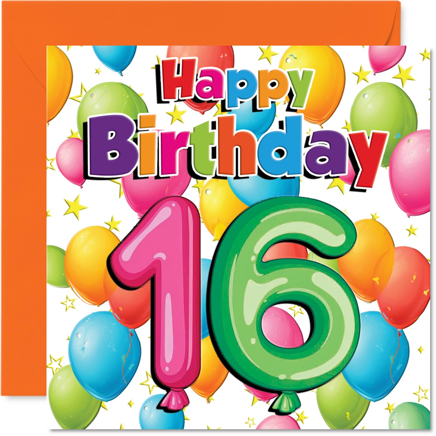 Milestone 16th Birthday Card - Celebrate Turning Sixteen in Style - Colourful Balloons and Stars Pop with Birthday Cheer - 145mm Square, Envelope Included