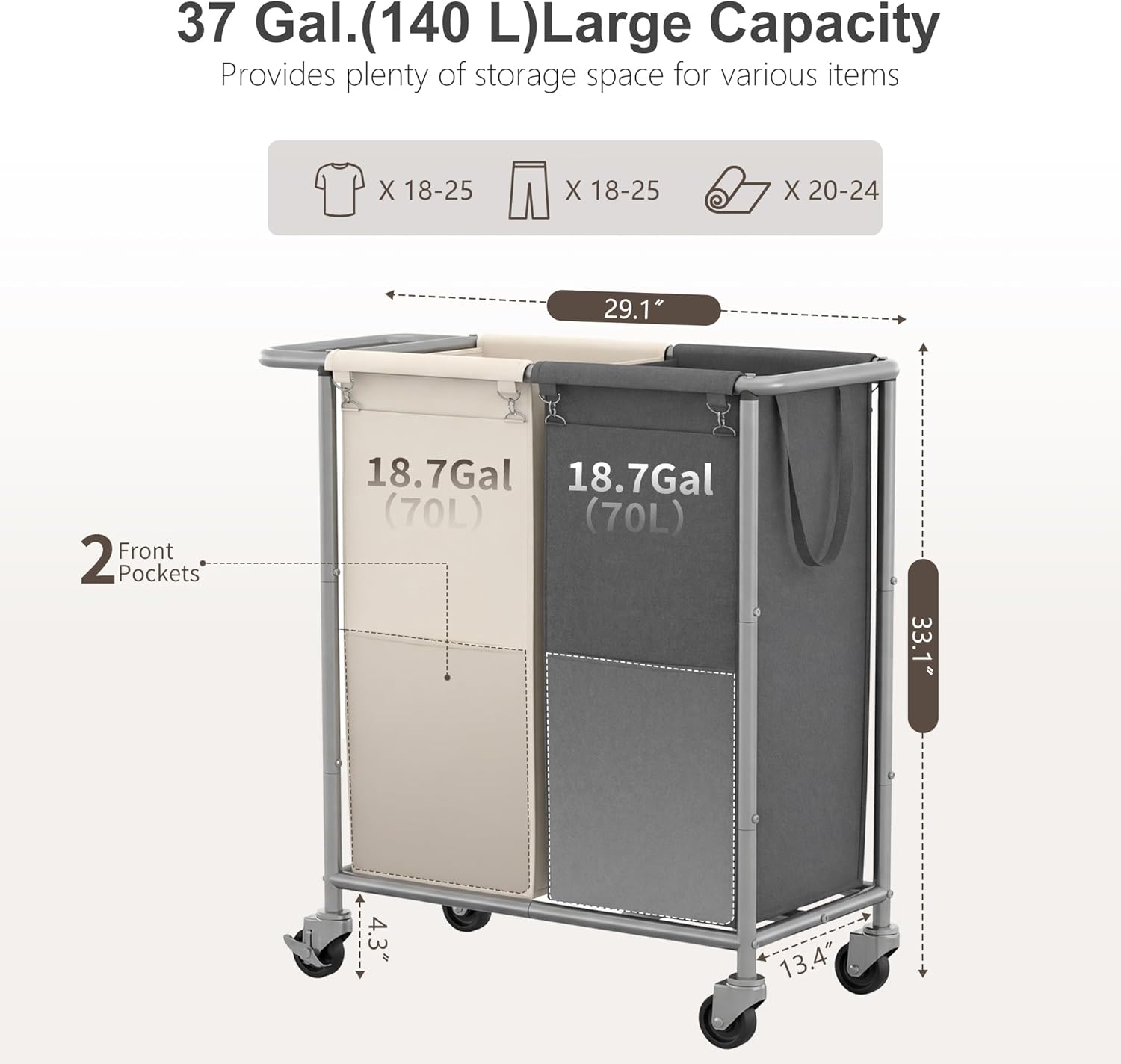 Heybly 2-Section Laundry Sorter Hamper,Rolling Laundry Hamper with Removable Bags – Heavy-Duty Laundry Sorter Cart with Wheels for Dirty Clothes, 29.1 x 15.4 x 33.1 Inches,HLH023P02