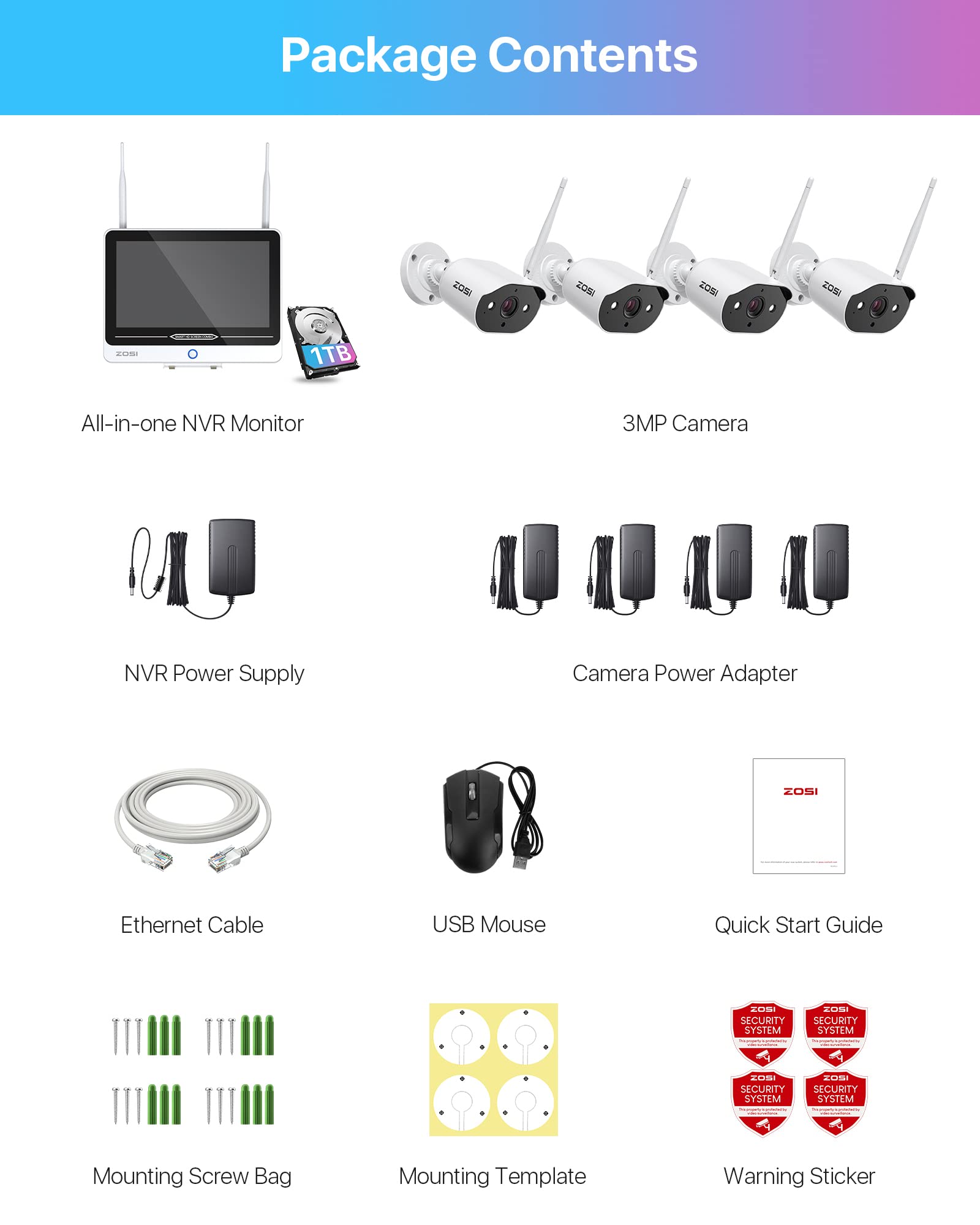 ZOSI 4MP Kit Cámaras de Vigilancia WiFi 2,5K 8CH H.265+ NVR Monitor 2 en 1 Exterior Visión Nocturna Detección Alarma