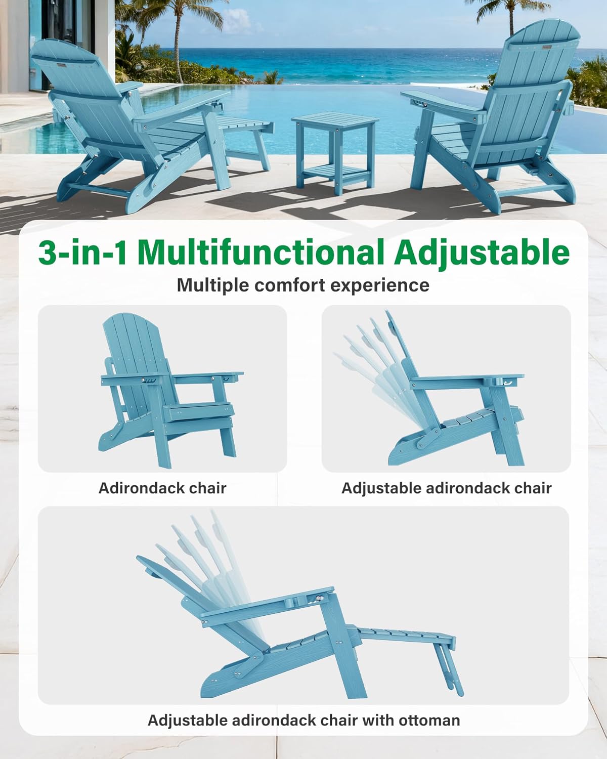 YEFU Adirondack Chair with Retractable Ottoman: Folding Adirondack Chairs Set of 2-5-Level Adjustable Backrest with Footrest - Fire Pit Chairs - Cup Holder - Outdoor Plastic Chair for Patio
