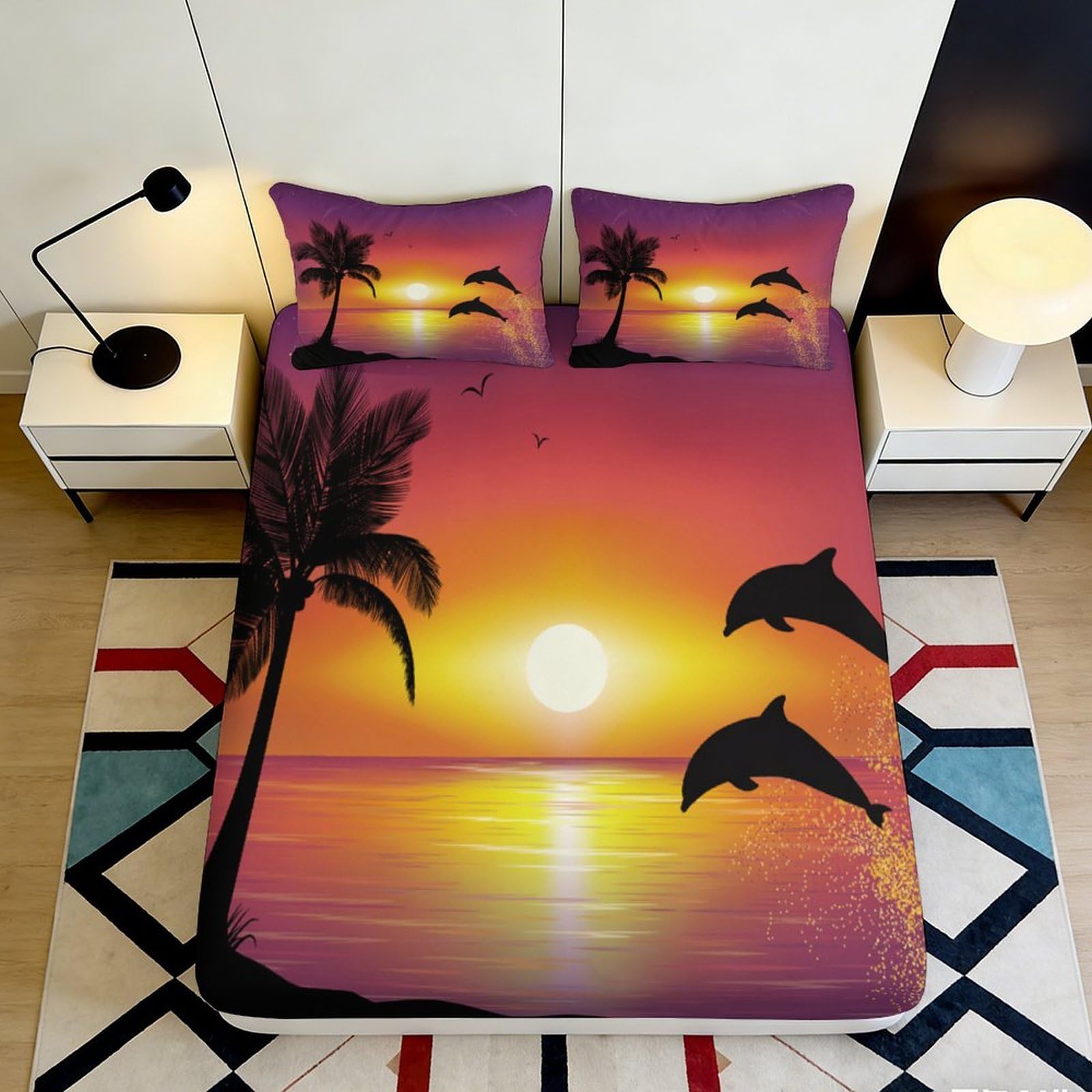 3D Printed Dolphin Sunset Fitted Sheet Microfiber Deep Pocket Non-Slip Bedroom Bedding Ocean Mattress Fitted Cover for Adults 140x200x25cm