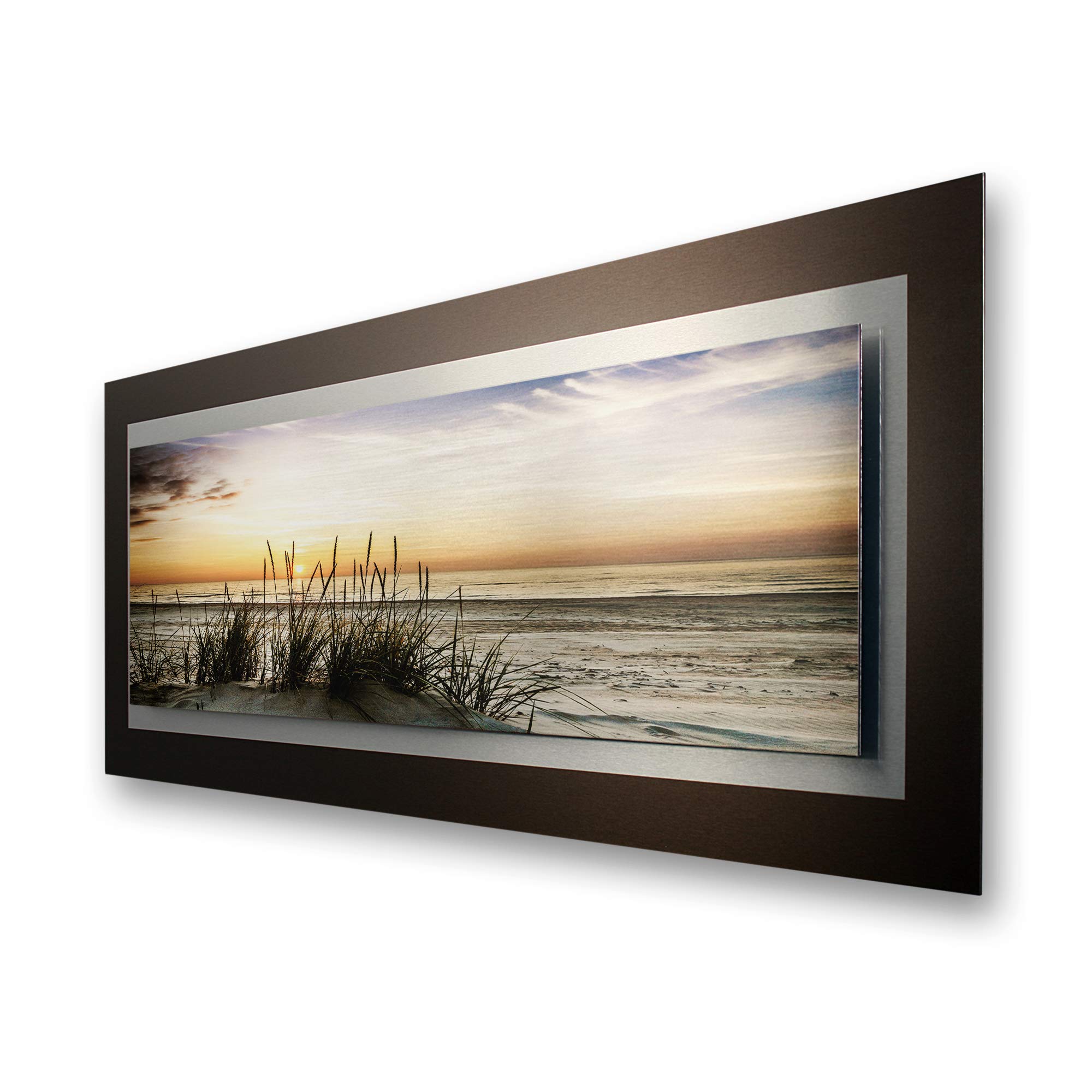Kreative Feder 3D Metallic-Wandbild aus gebürstetem Alu-Verbund | Abendlicher Strand | modernes Designer Bild in XXL | 100 x 40 cm