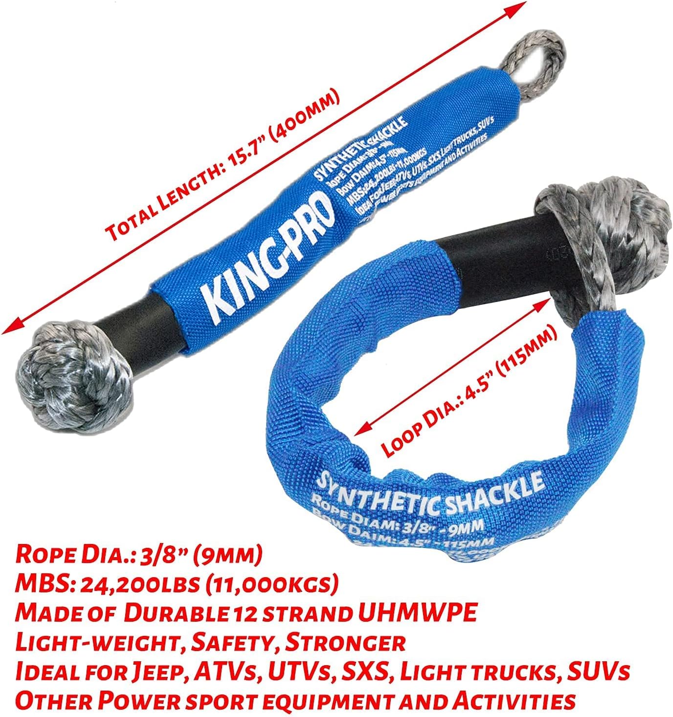 KING-PRO Synthetic Shackle 3/8"x16" Soft Shackle 24,200lbs Breaking Strength Recovery Soft Shackle with Protective Sleeves for JEEP ATV UTV SUV Light Truck and Power Sport Equipment 2-Pack (Blue-Gray)