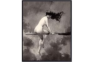 Vintage Goth Home Decor - Witch on Broomstick Wall Art