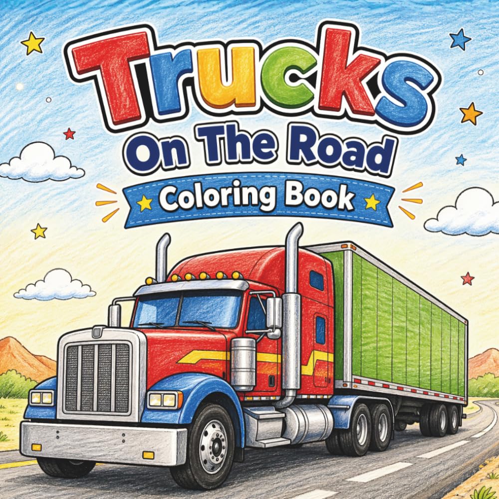 Trucks On The Road Coloring Book: Fun Easy Pages for Kids Big Vehicles Highway Adventures Simple Designs Bold Lines Beginners Activity