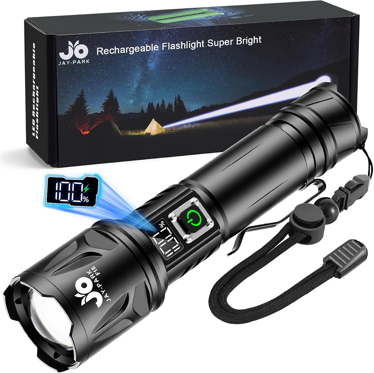 High Lumen Flashlight 100000 Lumen Rechargeable 5000mAh Battery | LCD Display, Zoom Long Beam (3000m), IP67 Waterproof, 5 Modes & Belt Clip - for Camping, Dog Walking, Adventure, Everyday Use