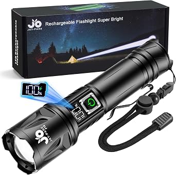 JAY-PARK High Lumen Flashlight 100000 Lumen Rechargeable 5000mAh Battery | LCD Display, Zoom Long Beam 3000m, IP67 Waterproof, 5 Modes & Belt Clip - for Camping, Dog Walking, Adventure, Everyday Use