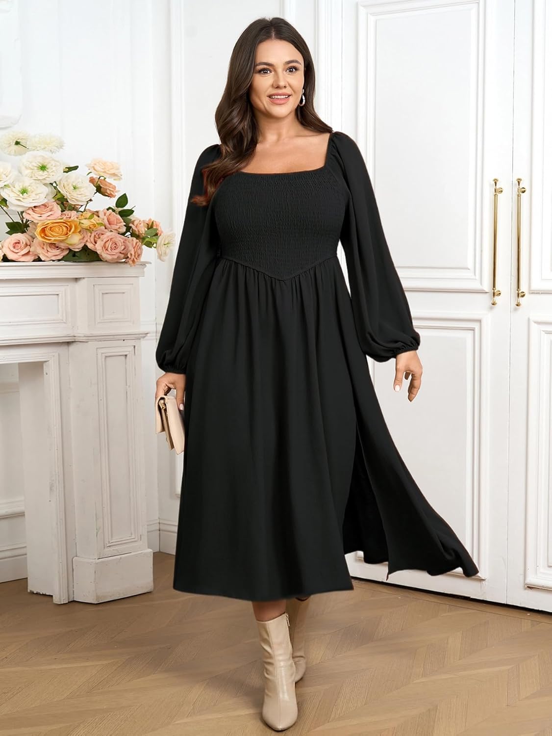 SCOMCHIC Women's Plus Size Fall Dresses Long Sleeve Square Neck Smocked Flowy A-Line Formal Wedding Guest Maxi Dress - Image 5