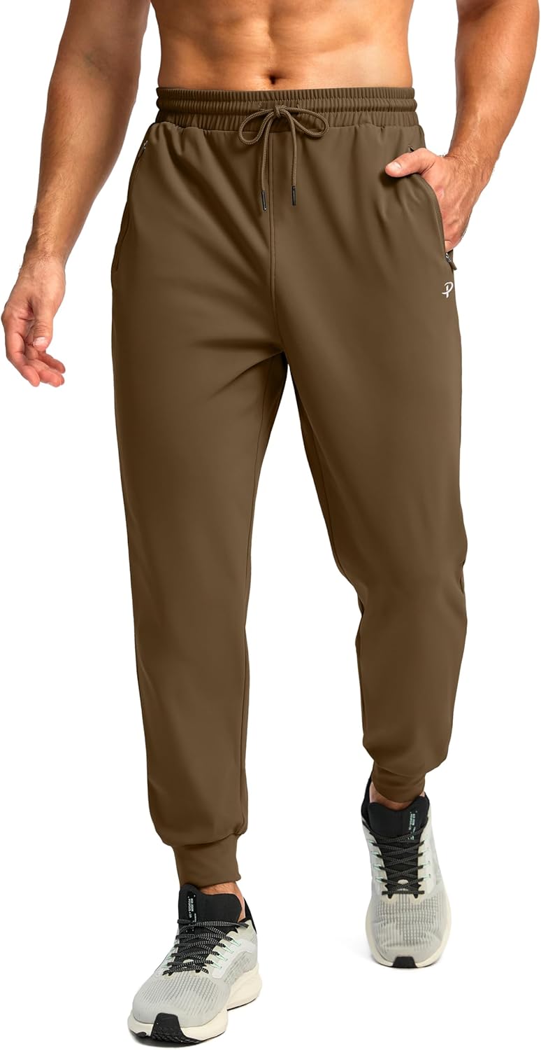 Pudolla Men's Fleece Lined Joggers Sweatpants with Zipper Pockets Winter Warm Pants for Men Running Workout Gym Athletic(Brown X-Large)